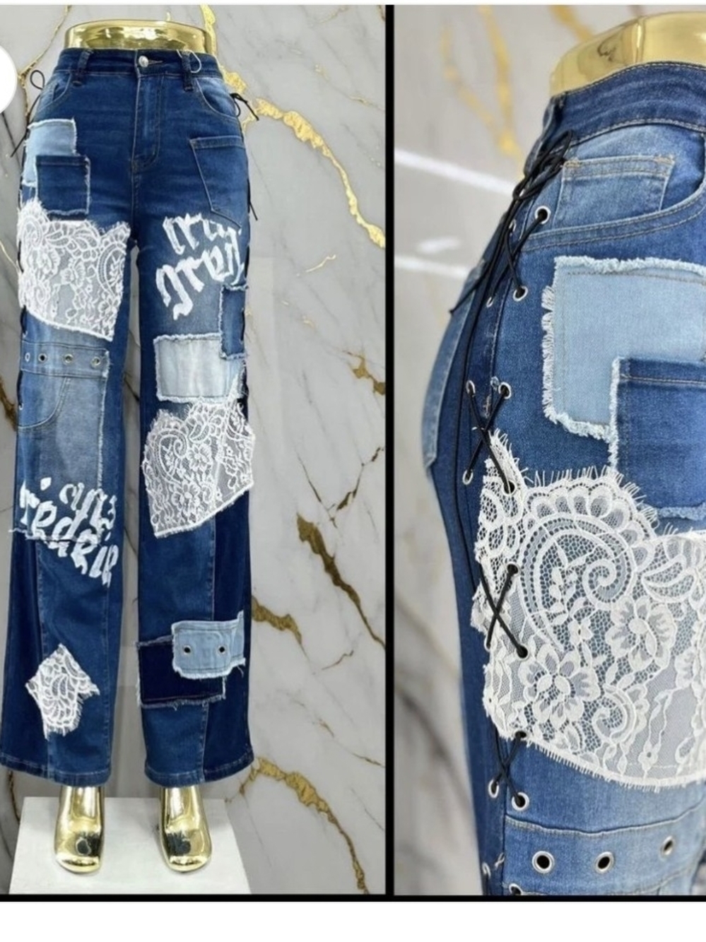 Lace Patchwork High-Waist Wide Leg Jeans - Blue